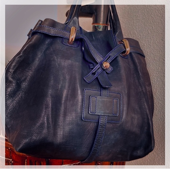 Sonia Rikiel Navy Blue Leather Hobo Style Handbag - Picture 10 of 10